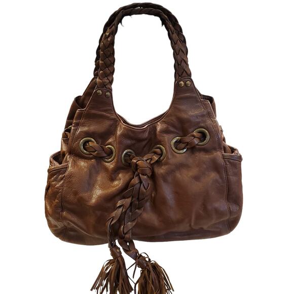 Kooba Hobo Bag Shoulder Carla Braided Tassels Brown Leather Drawstring Satchel - Picture 1 of 16